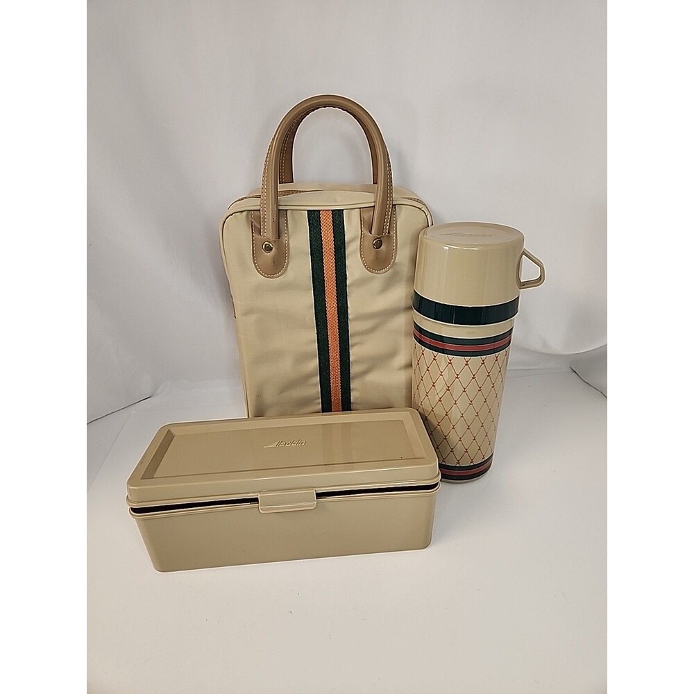 Aladdin Thermos Lunch Box In Zippered Picnic  Camp Bag Red Green Tan Argyle
